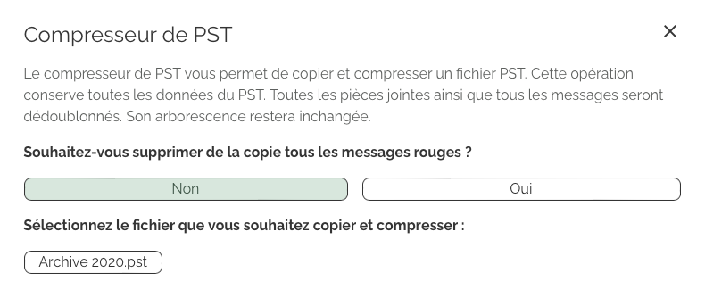 Image of the pop-up allowing to copy and compress a PST in Pesto.